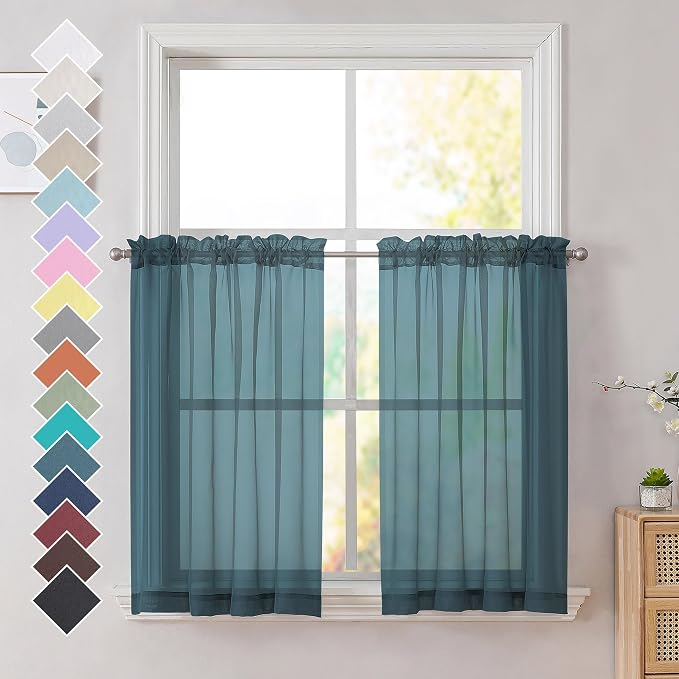 Dusty Blue Sheer Curtains 36 inches Long, Short Kitchen Window Treatment Solid by OVZME