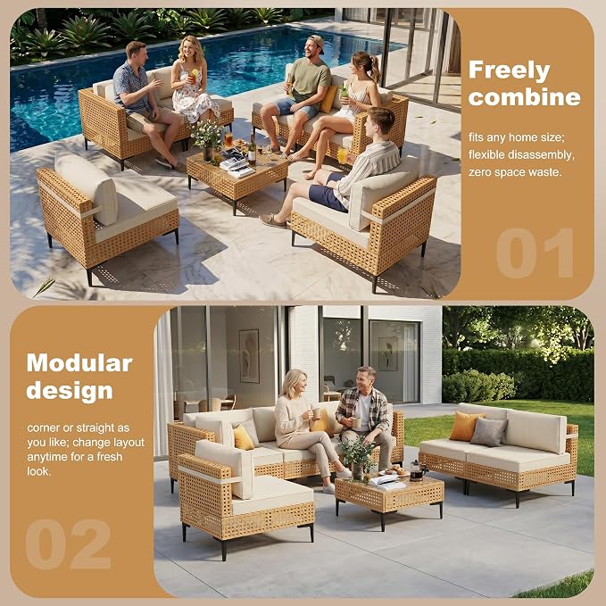ABCASA Patio Furniture Set, Boho Patio Conversation Set Sectional Sofa - Image 4