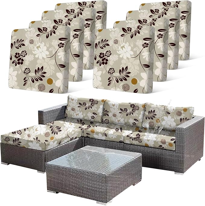 CALBODE 8 Pcs Waterproof Patio Cushion Covers, Floral Printed Stretch Outdoor by CALBODE