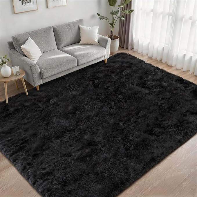 Area Rug Living Room Bedroom: 4x6 Fluffy Plush Shag Carpet Black | - Image 2