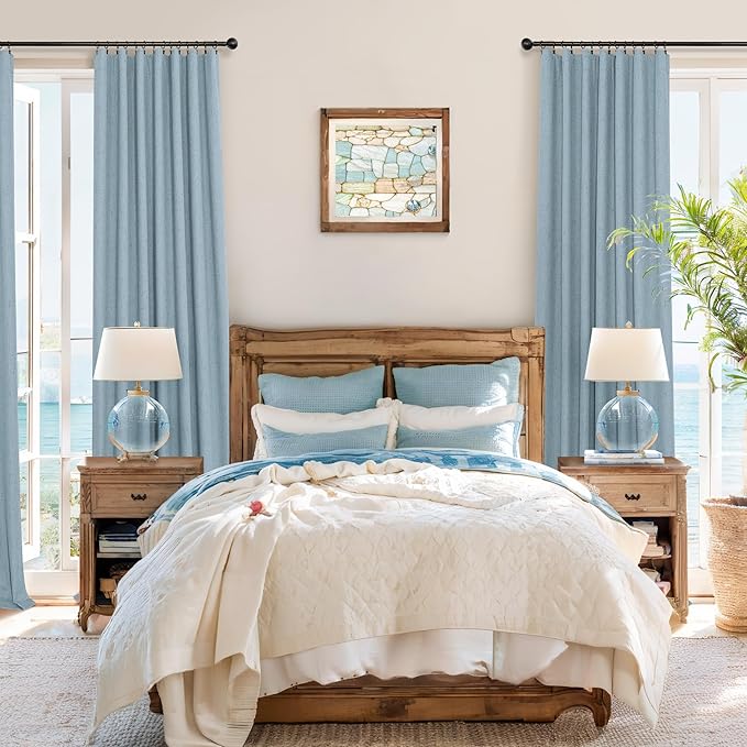 Light Blue Curtains for Bedroom 63 Inch Length 2 Panels Neutral Linen Textured - Image 6