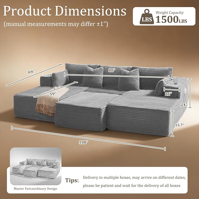108" Cloud Sectional Couch, Comfort Sleep Sofa - Image 2