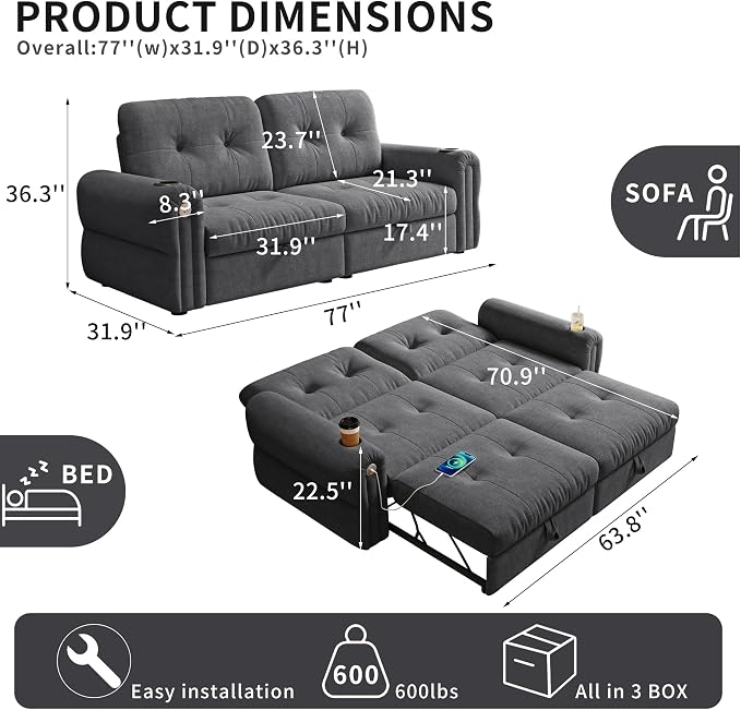 Convertible Couches, Queen Size Pull Out Sofa Bed - Image 2