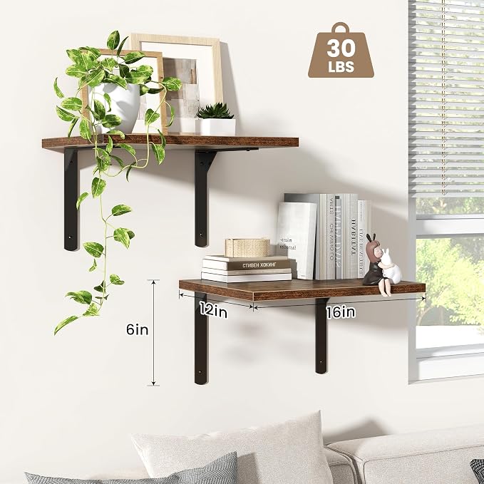 Fun Memories Rustic Brown 12 Inch Deep Floating Shelves Set of 2, Wall Mounted - Image 4