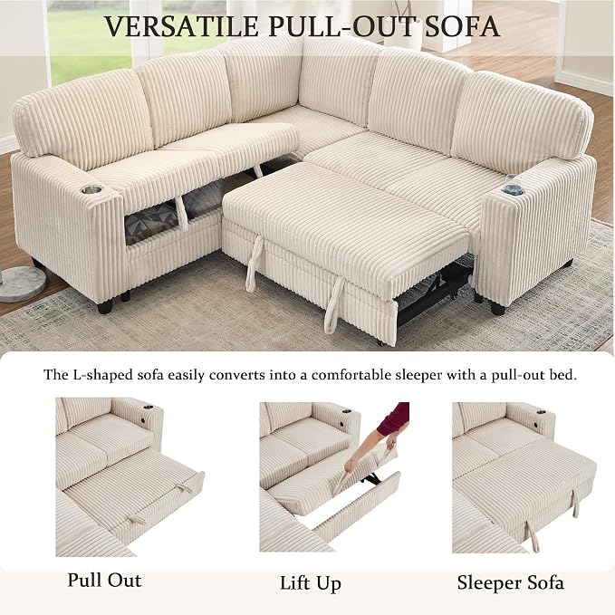 L-Shaped Sectional Couch with Storage and Pull Out Bed, Convertible Sofa Bed - Image 5