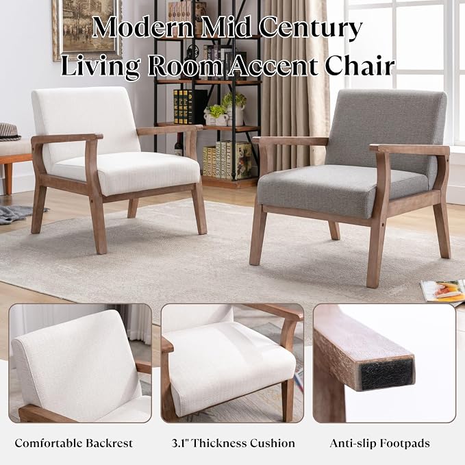 BESTANO Mid Century Modern Accent Chair Set of 2, Linen Upholstered Living Room - Image 4