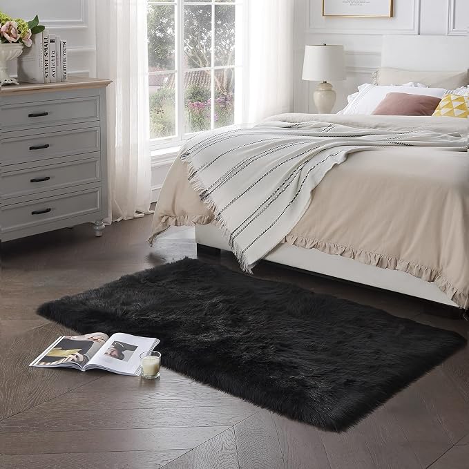 SERISSA 3x5 Fluffy Black Faux Fur Area Rug - Image 2