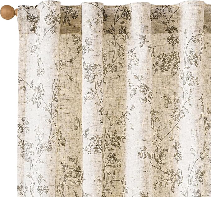 Grey Vintage Floral Linen Curtains Farmhouse 38W X 63L 2 Panels | Elisa Series by Lazzzy