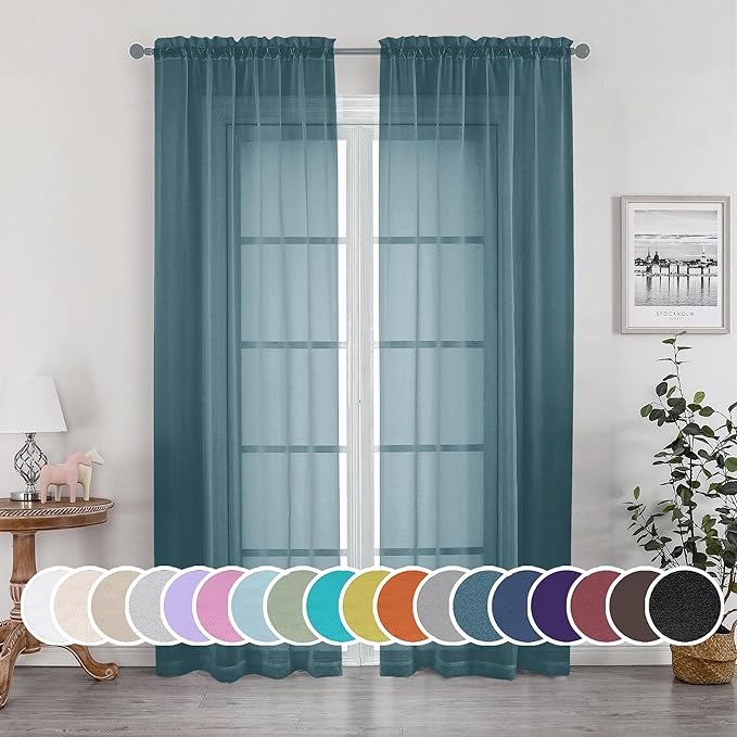 Teal Sheer Curtains 84 inches Long 2 Panels Set, Light Filtering Rod Pocket by OWENIE