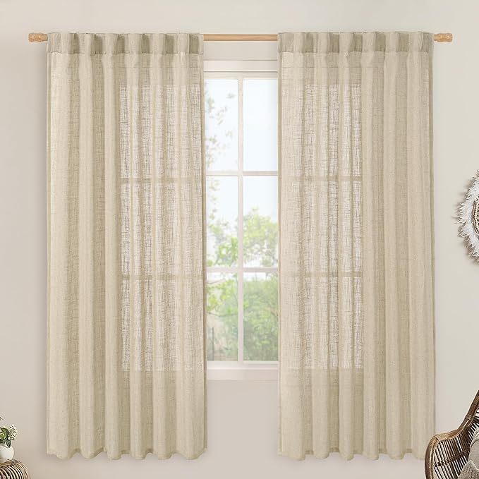 Natural Sheer Linen Curtains for Bedroom 72 Inch Length 2 Panels | Faux Linen by LAMIT