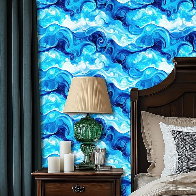 HOMETITUTE Artistic Blue Swirl Wave Pattern Wallpaper Peel and Stick Contact - Image 2
