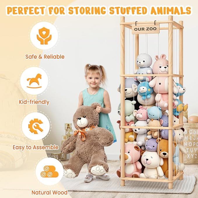 Woodure Stuffed Animal Storage & Organizer, Wooden Cute Zoo Toy Holder - Image 2