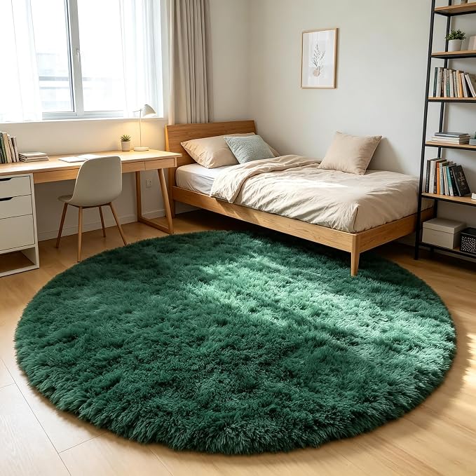 Dark Green Round Area Rugs 5ft, Fluffy Soft Bedroom Circle Rug - Image 4