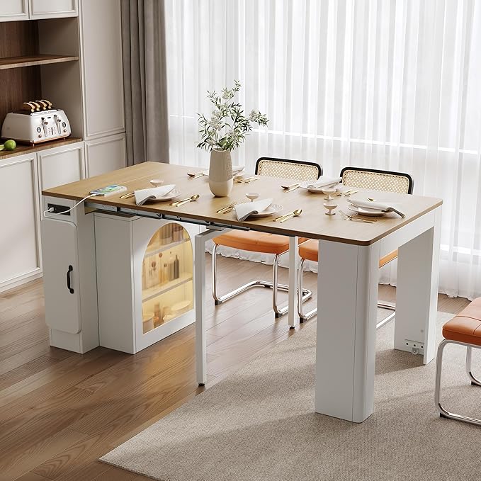Extendable Dining Table with 3 Removable Middle Leaves, Mobile Rolling Island by SIYSNKSI