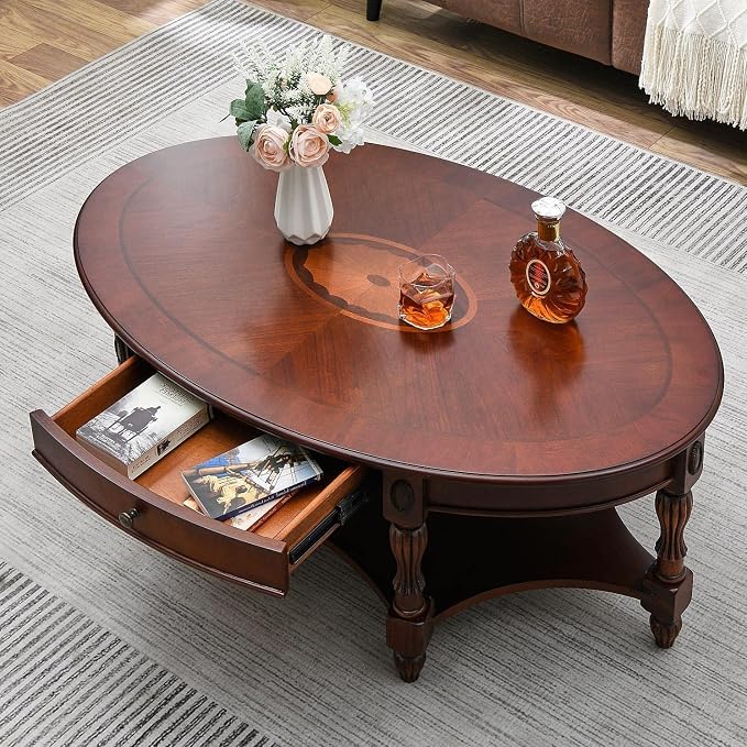 LEEMTORIG Oval Coffee Table for Living Room, Cherry Solid Wood Coffee Table by LEEMTORIG