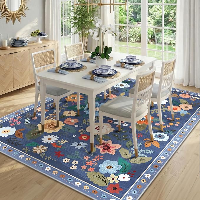 RELEANY Floral Washable 5x8 Area Rugs Blue/Grey | Flower Carpet Print Boho Cute - Image 8