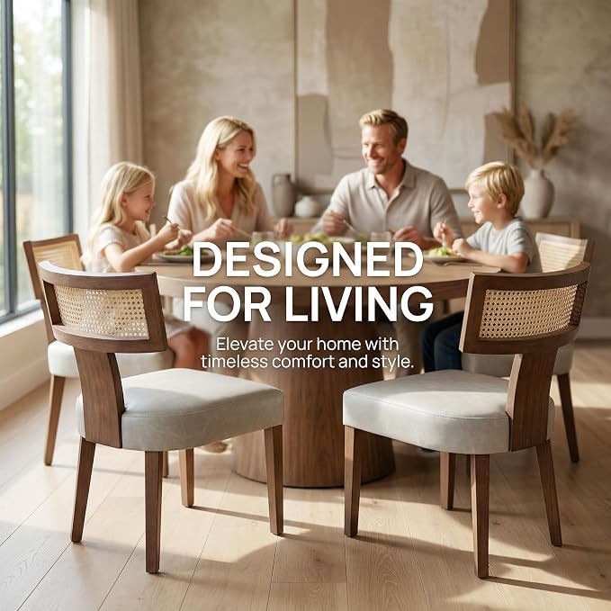 HNY Mid Century Modern Rattan Dining Chairs Set of 2, Farmhouse PU Leather - Image 3