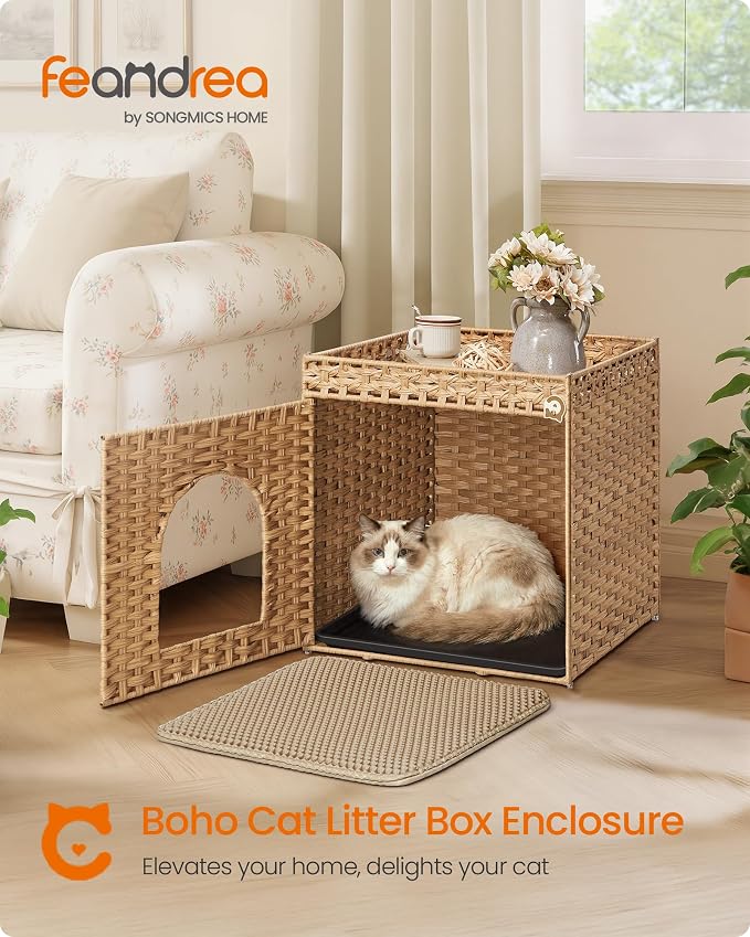 Feandrea Cat Litter Box Enclosure, Handwoven Rattan Hidden Litter Box Furniture - Image 2