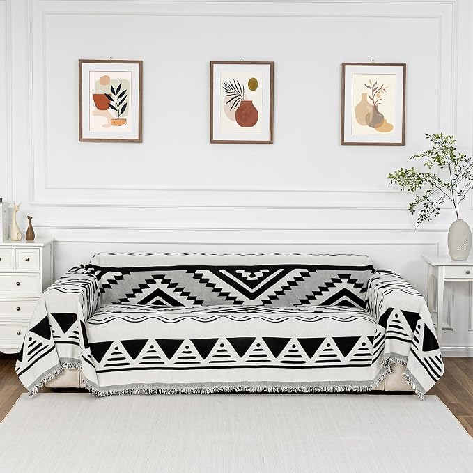 MYSKY HOME Boho Couch Cover for Dogs Washable Black Rhombic Couch Sofa by MYSKYHOME