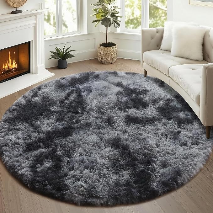 Tie-Dyed Dark Grey Round Area Rug 4ft, Ultra Soft Bedroom Circle Rugs by ONASAR