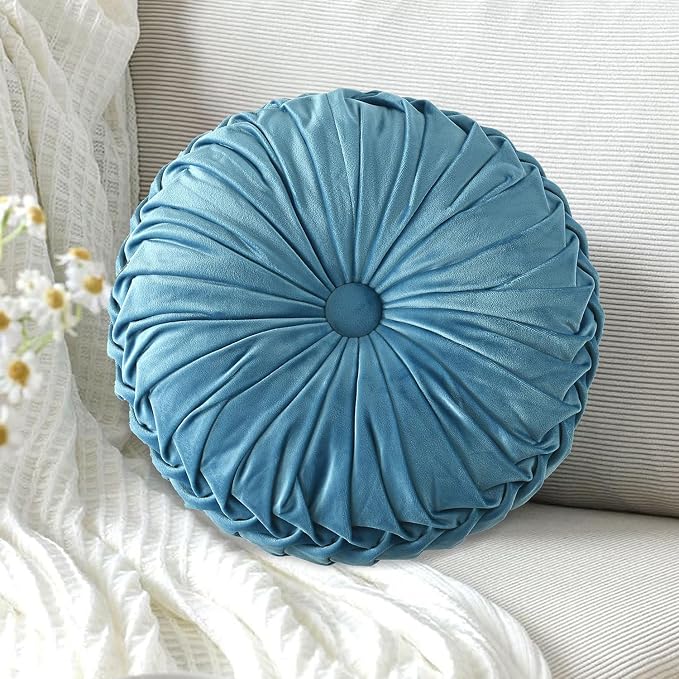 HIG Set of 2 Dusty Blue Velvet Decorative Round Pleated Throw Pillows | Vintage - Image 2