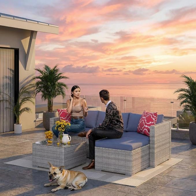 5-Piece Patio Sectional Sofa Set, All-Weather Brown PE Rattan Outdoor - Image 5