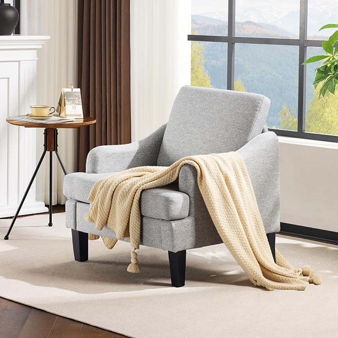 VINGLI Linen Fabric Accent Chair Grey, Modern Upholstered Armchair, Comfy Sofa - Image 9