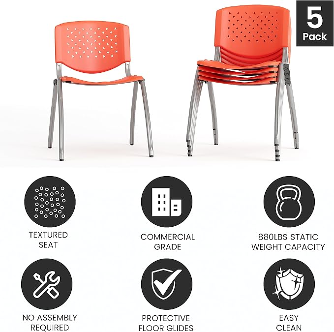 Flash Furniture HERCULES -5 Pack 880 lb. Capacity Orange Plastic Stack Chair | - Image 5