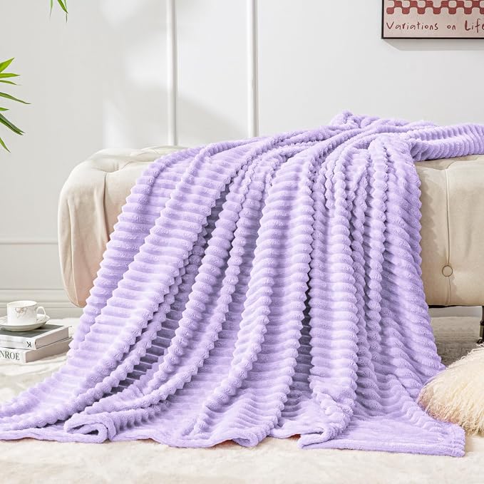 BEDELITE 3D Ribbed Pastel Lilac Fleece Throw Blanket - Image 7