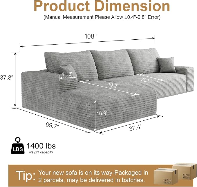 108" Sectional Couches for Living Room Cloud Couch Sofa - Image 2
