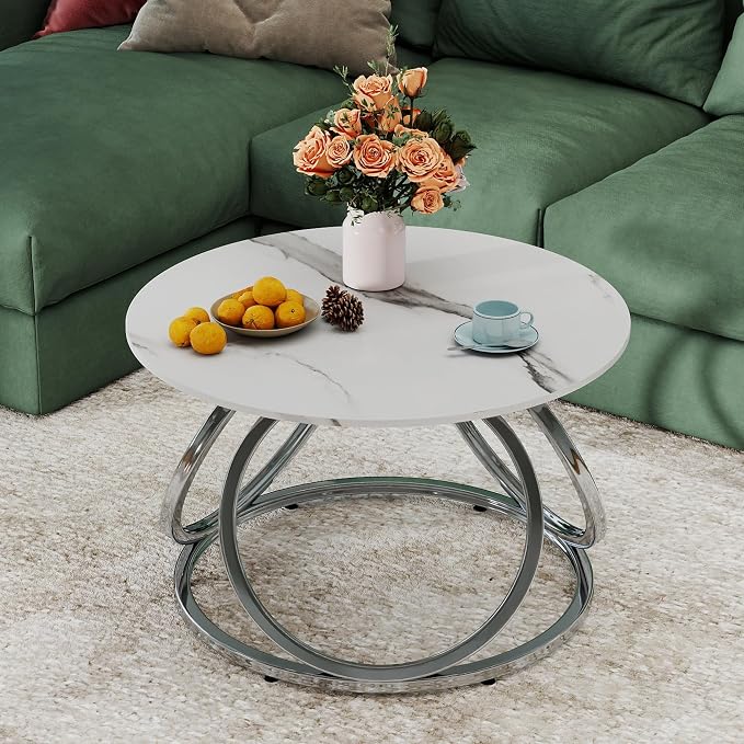 O&K FURNITURE Silver Coffee Table, Round Coffee Table Faux Marble Veins - Image 4