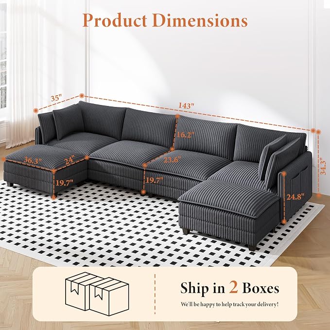 Vesgantti 143" U Shaped Modular Sectional Couch, Comfy Corduroy Upholstered - Image 2