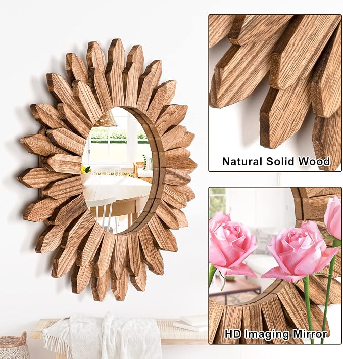 Emfogo Wall Mirror 12 inch Rustic Wood Sunburst Boho Mirror Wall Decor Home - Image 5