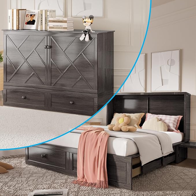 Mjkone Murphy Cabinet Bed Queen Size, Solid Wood Mobile Wall Beds Chest - Image 9