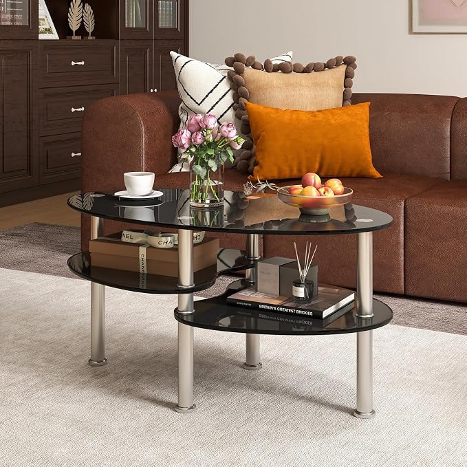 Tangkula Glass Coffee Table, 2-Tier Modern Oval Smooth Glass Tea Table End Table - Image 2