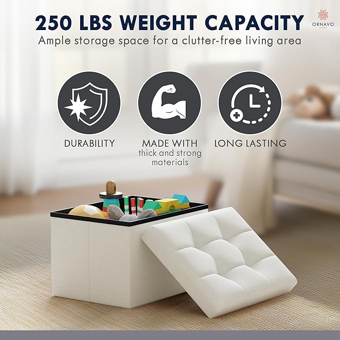 Ornavo Home Small Storage Ottoman, Foldable Collapsible Rectangle Linen Ottoman - Image 7