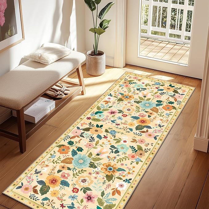 Floral Washable 2x6 Area Rugs Runner Entryway Hallway Ivory/Yellow | Flower by RELEANY