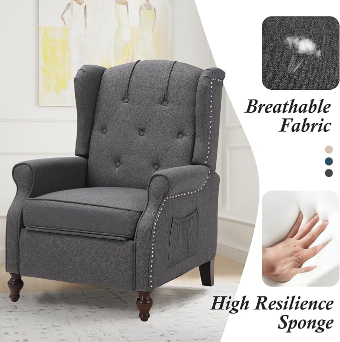 Wingback Recliner Chair with Massage and Heat, Tufted Fabric Push Back Recliner - Image 7