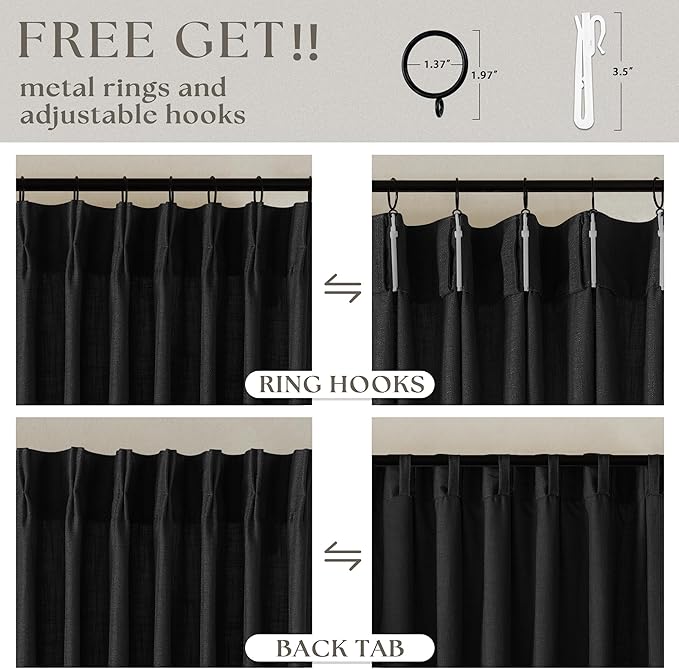 Black Pinch Pleated Linen Semi Sheer 90 Inch Curtains 2 Panels | Light Filtering - Image 5