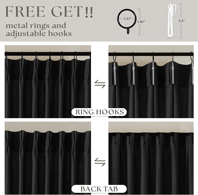 Black Pinch Pleated Linen Semi Sheer 80 Inch Curtains 2 Panels | Light Filtering - Image 5