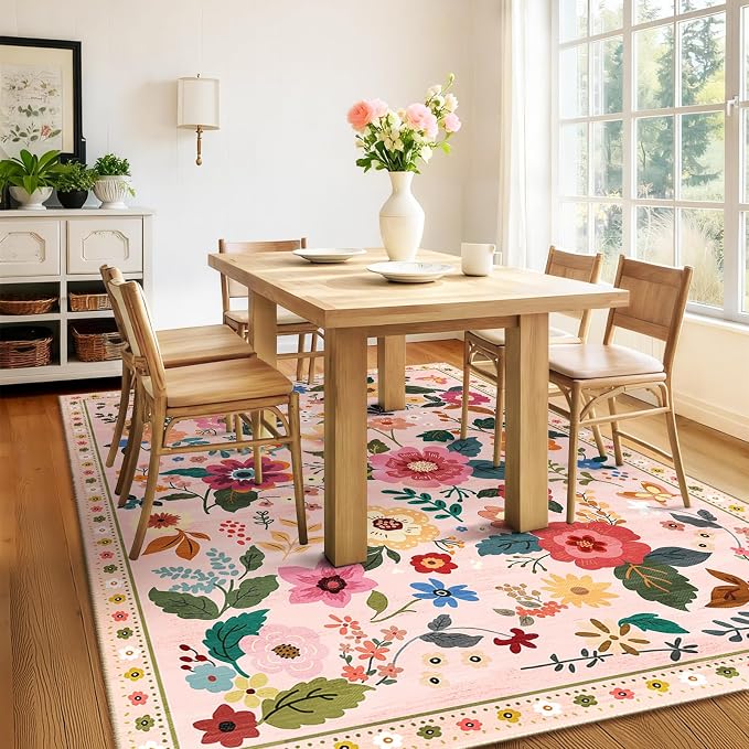 RELEANY Floral Washable 8x10 Area Rugs Pink | Flower Carpet Print Boho Cute Non - Image 9
