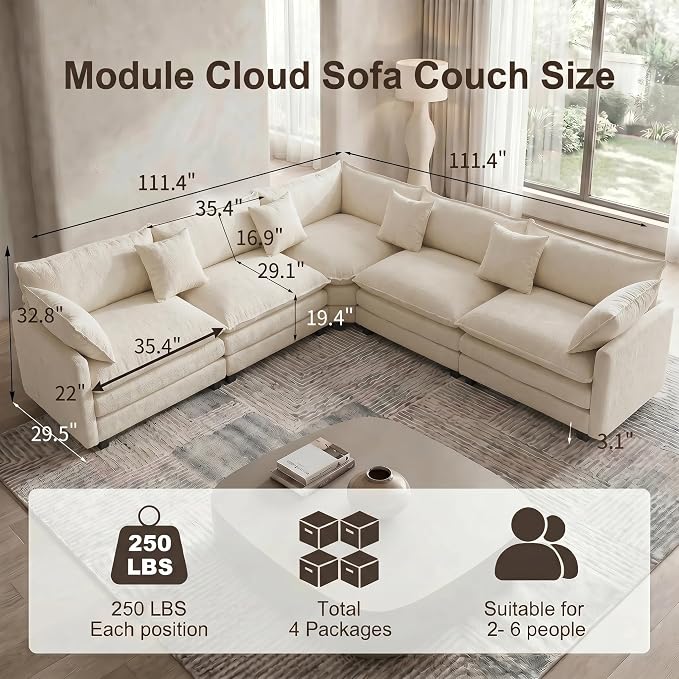 111.4" V-Shaped Corner Couch Sectional｜5 Seat Customizable Modular Cloud - Image 2