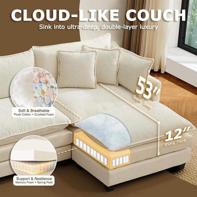 113” Modular Sectional Sofa, L Shaped Cloud Couch - Image 3