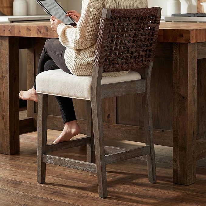27-Inch Midcentury Modern Counter Stools, Wooden Wicker Stool Chairs - Image 4
