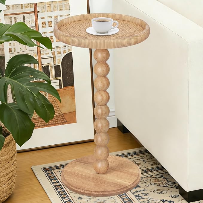 Drink Table, Boho Rattan Small Round Side Table by FASNAHOK
