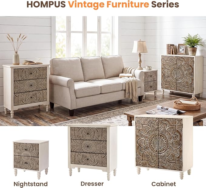 HOMPUS White Nightstand with 2 Drawers, Lotus Flower Carved Wood Bedside Table - Image 6