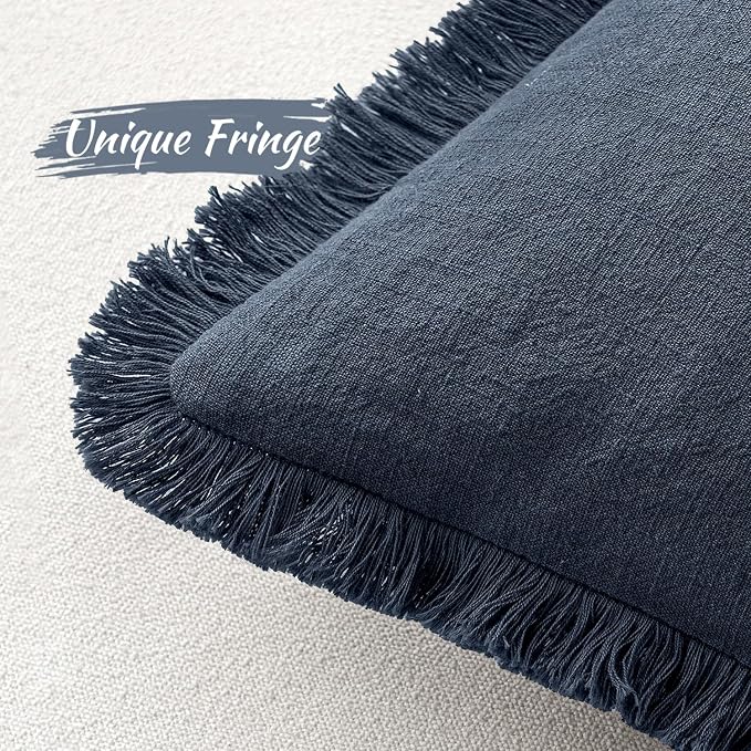 MIULEE Boho Linen Fringe Decorative Throw Pillow Covers Indigo Blue 20x20 | Set - Image 3