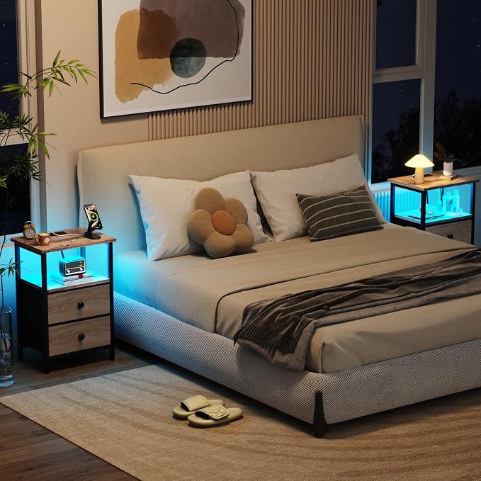 LOAKEKEL Night Stand with Charging Station and LED, Bedside Table with USB - Image 2