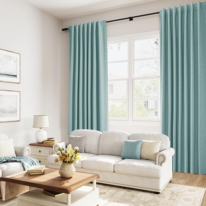 Light Blue 100% Blackout Linen Curtains 100 Inch Length 2 Panels Set - Image 8
