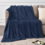 BEDELITE 3D Ribbed Navy Blue Fleece Throw Blanket - Image 2